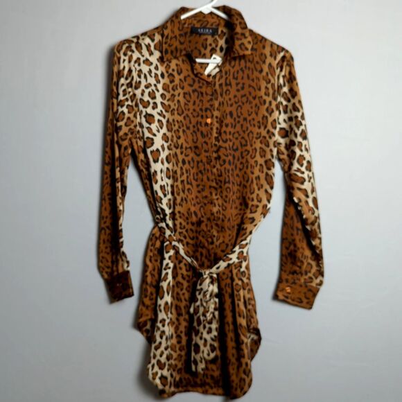 Leopard Print Shirt Dress - Tie Waist - Long Sleeve - Size M (AKIRA) NWT - Picture 2 of 5